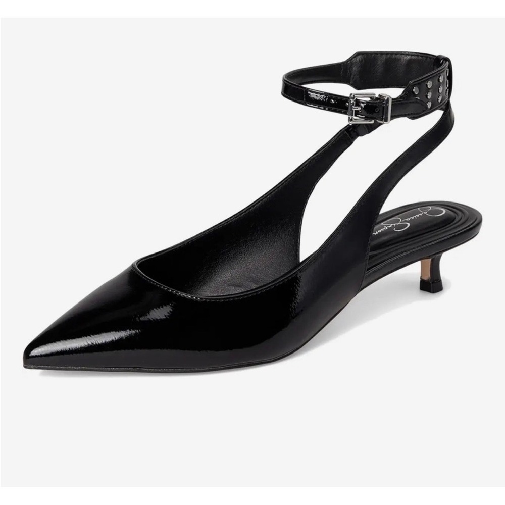 Jessica Simpson Kitten Heel Pump Womens 6.5M Black Patent Studded Slingback